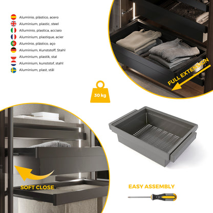 Emuca Kit  cassetto metallico e telaio regolabile Quartz per armadi, chiusura ammortizzata e estrazione totale, modulo 70 cm, finitura Titanio