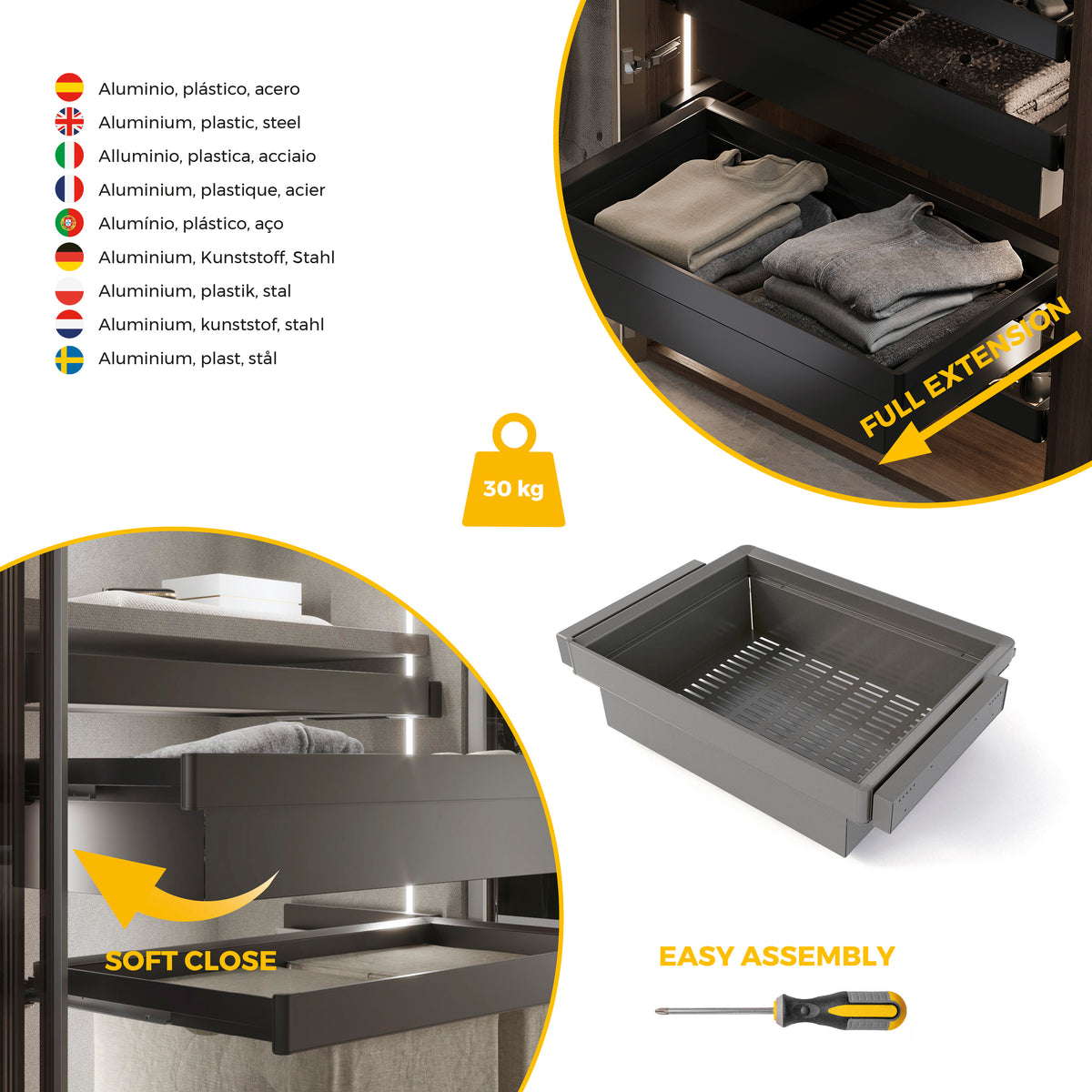 Kit  cassetto metallico e telaio regolabile Quartz per armadi, chiusura ammortizzata e estrazione totale