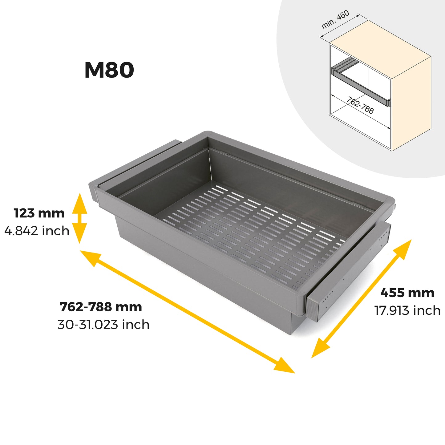 Emuca Kit  cassetto metallico e telaio regolabile Quartz per armadi, chiusura ammortizzata e estrazione totale, modulo 80 cm, finitura Titanio
