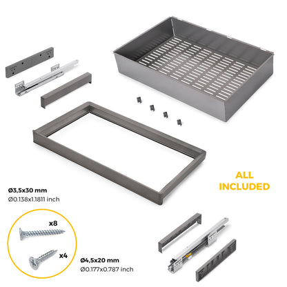 Kit  cassetto metallico e telaio regolabile Quartz per armadi, chiusura ammortizzata e estrazione totale