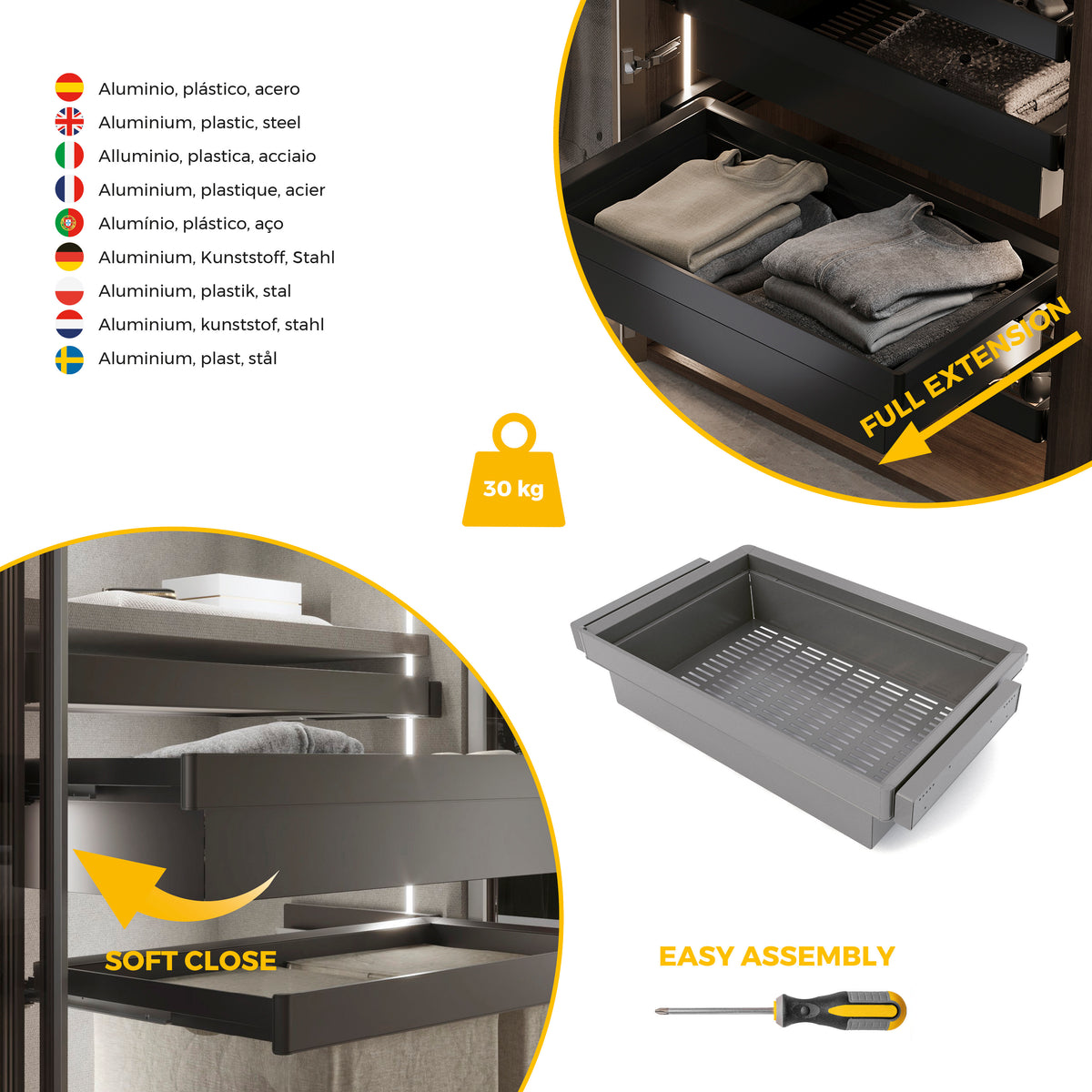 Kit  cassetto metallico e telaio regolabile Quartz per armadi, chiusura ammortizzata e estrazione totale