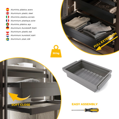Kit  cassetto metallico e telaio regolabile Quartz per armadi, chiusura ammortizzata e estrazione totale