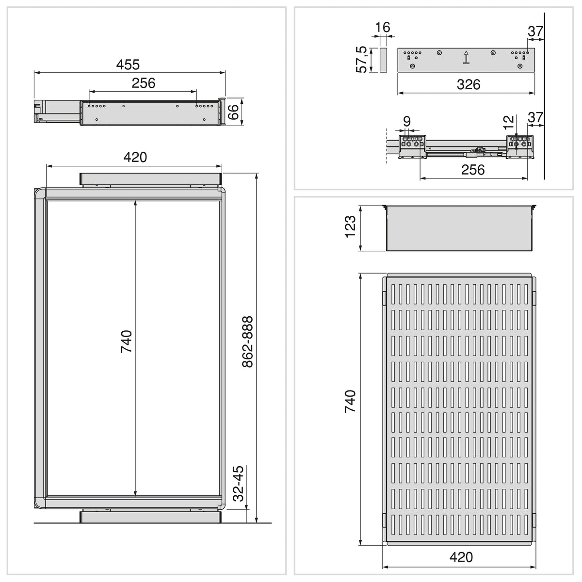 Kit  cassetto metallico e telaio regolabile Quartz per armadi, chiusura ammortizzata e estrazione totale