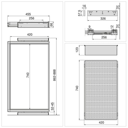 Kit  cassetto metallico e telaio regolabile Quartz per armadi, chiusura ammortizzata e estrazione totale