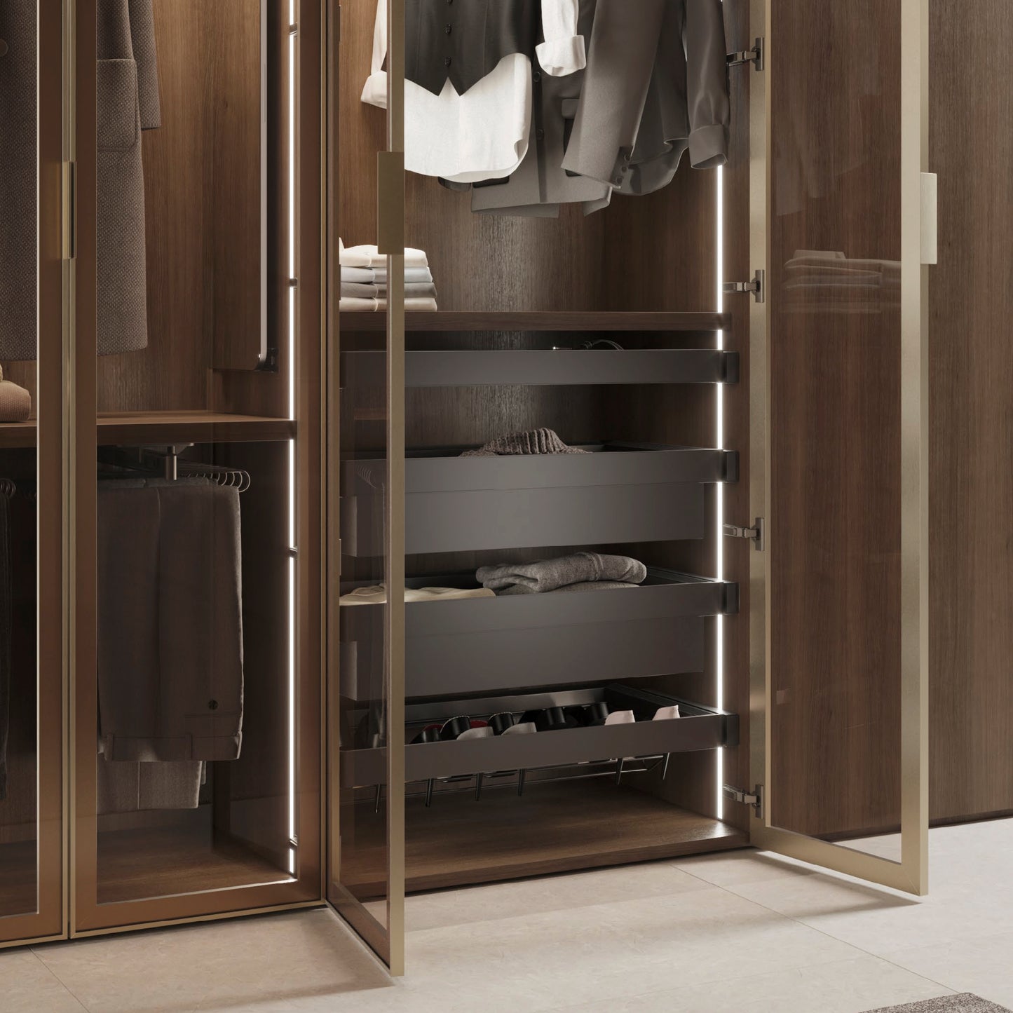 Emuca Kit  cassetto metallico e telaio regolabile Quartz per armadi, chiusura ammortizzata e estrazione totale, modulo 90 cm, finitura Titanio