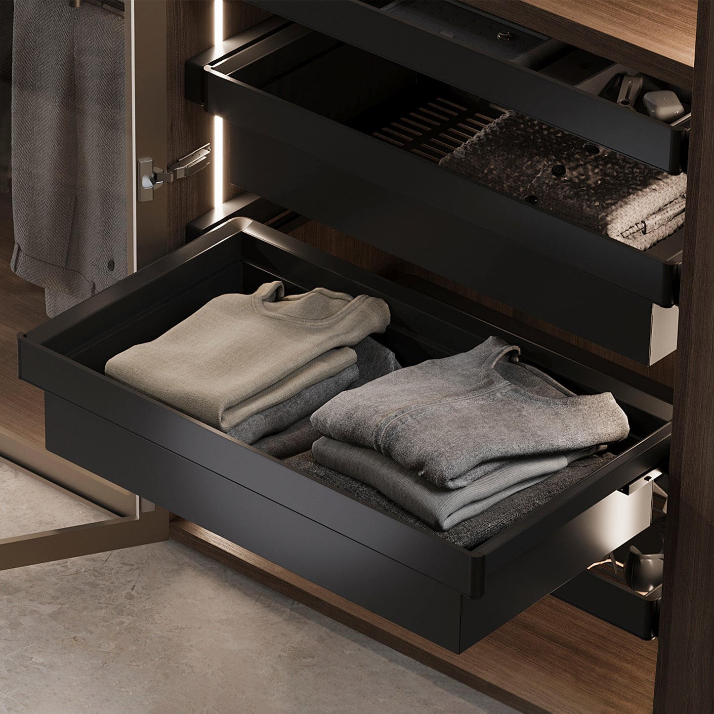 Emuca Kit  cassetto metallico e telaio regolabile Quartz per armadi, chiusura ammortizzata e estrazione totale, modulo 90 cm, finitura Titanio