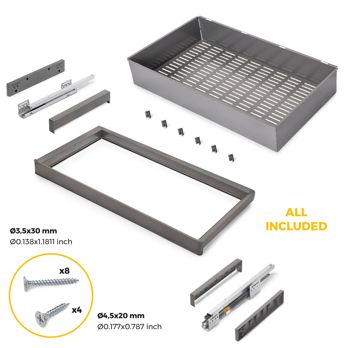 Kit  cassetto metallico e telaio regolabile Quartz per armadi, chiusura ammortizzata e estrazione totale