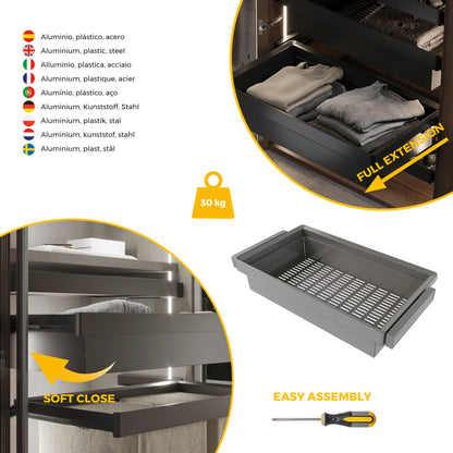 Kit  cassetto metallico e telaio regolabile Quartz per armadi, chiusura ammortizzata e estrazione totale