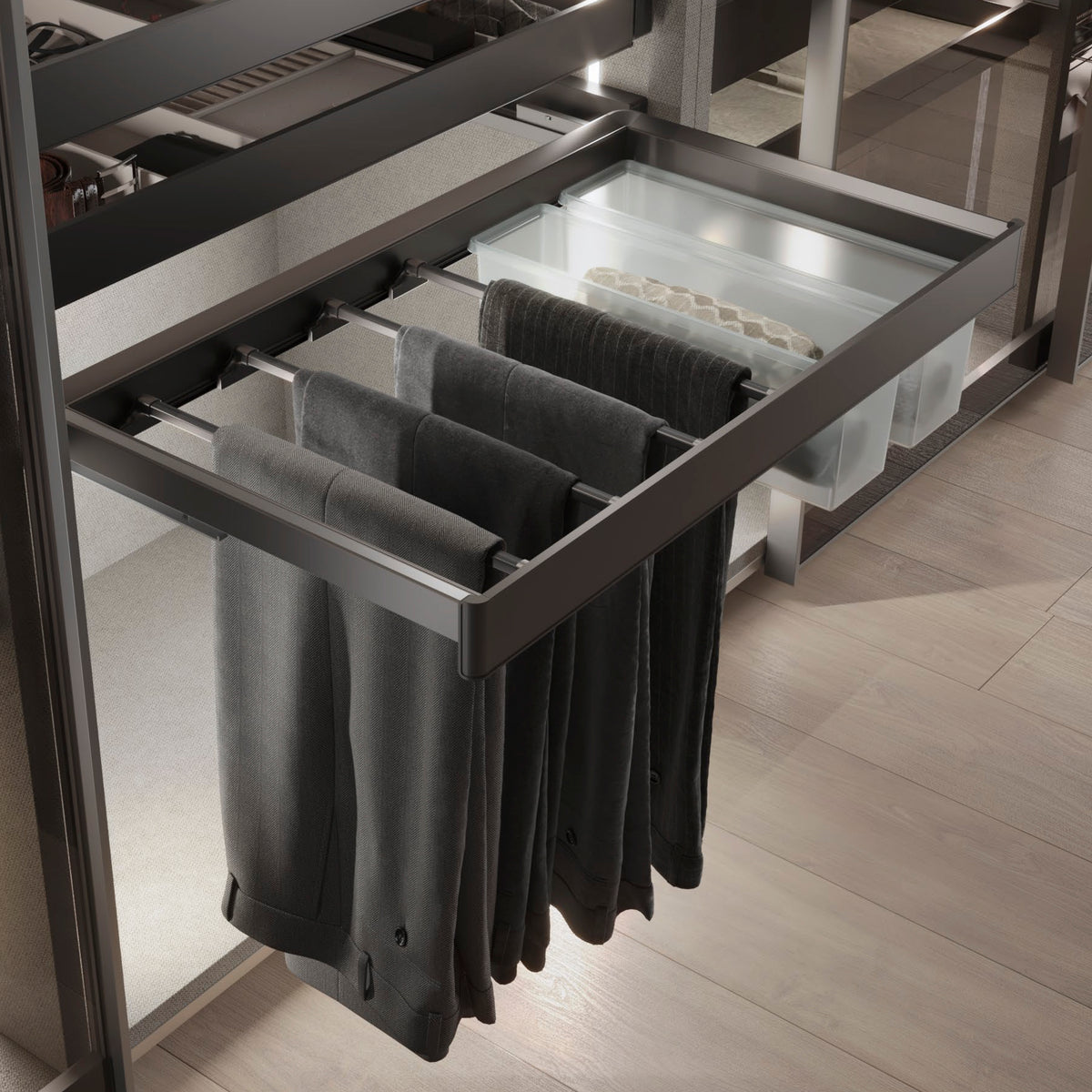 Kit  portapantaloni a 7 aste e telaio regolabile Quartz per armadi, chiusura ammortizzata e estrazione totale