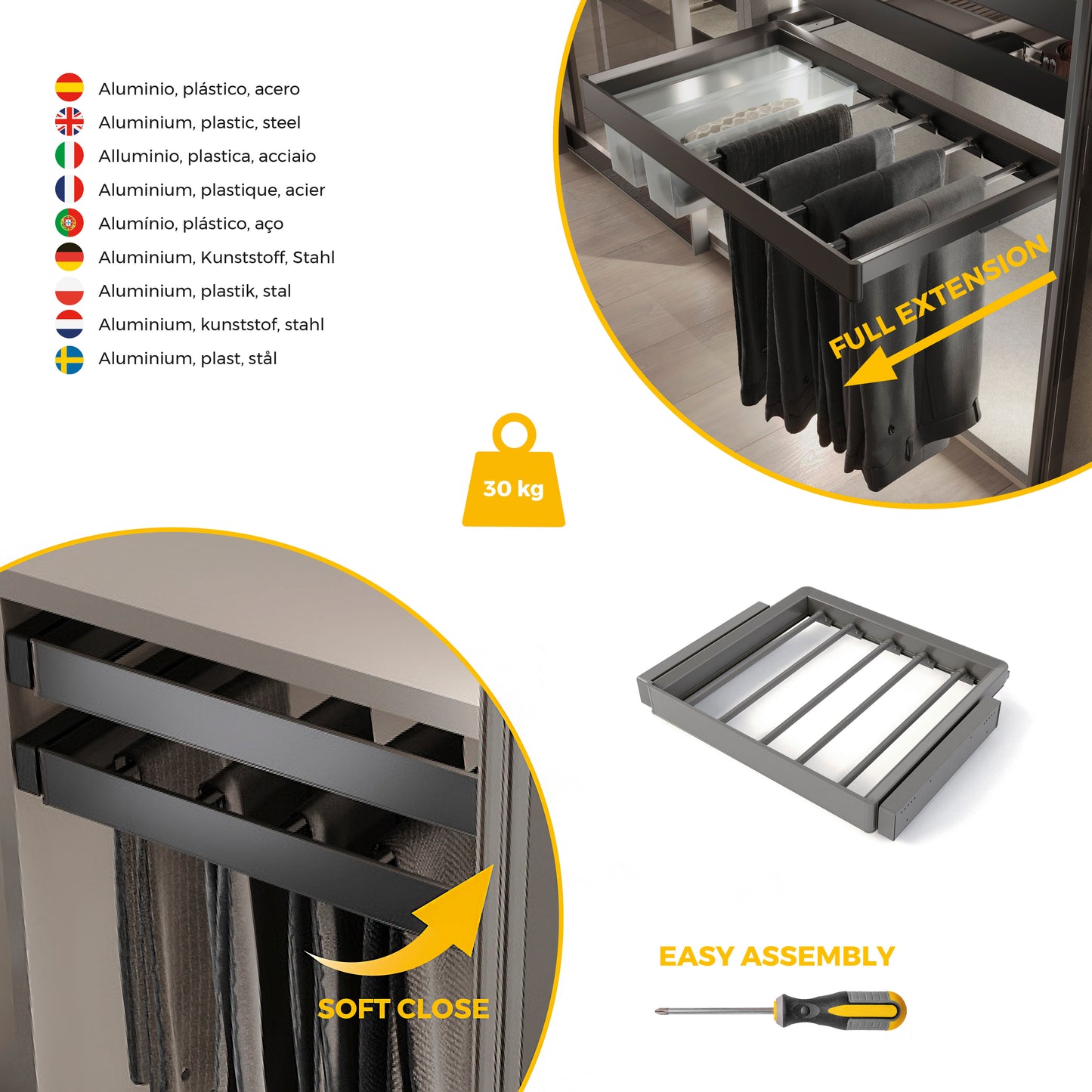 Emuca Kit  portapantaloni a 7 aste e telaio regolabile Quartz per armadi, chiusura ammortizzata e estrazione totale, modulo 60 cm, finitura Titanio