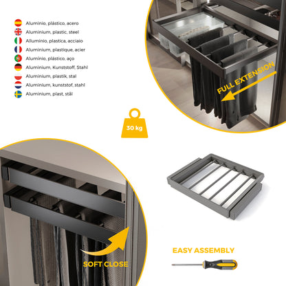 Emuca Kit  portapantaloni a 7 aste e telaio regolabile Quartz per armadi, chiusura ammortizzata e estrazione totale, modulo 60 cm, finitura Titanio
