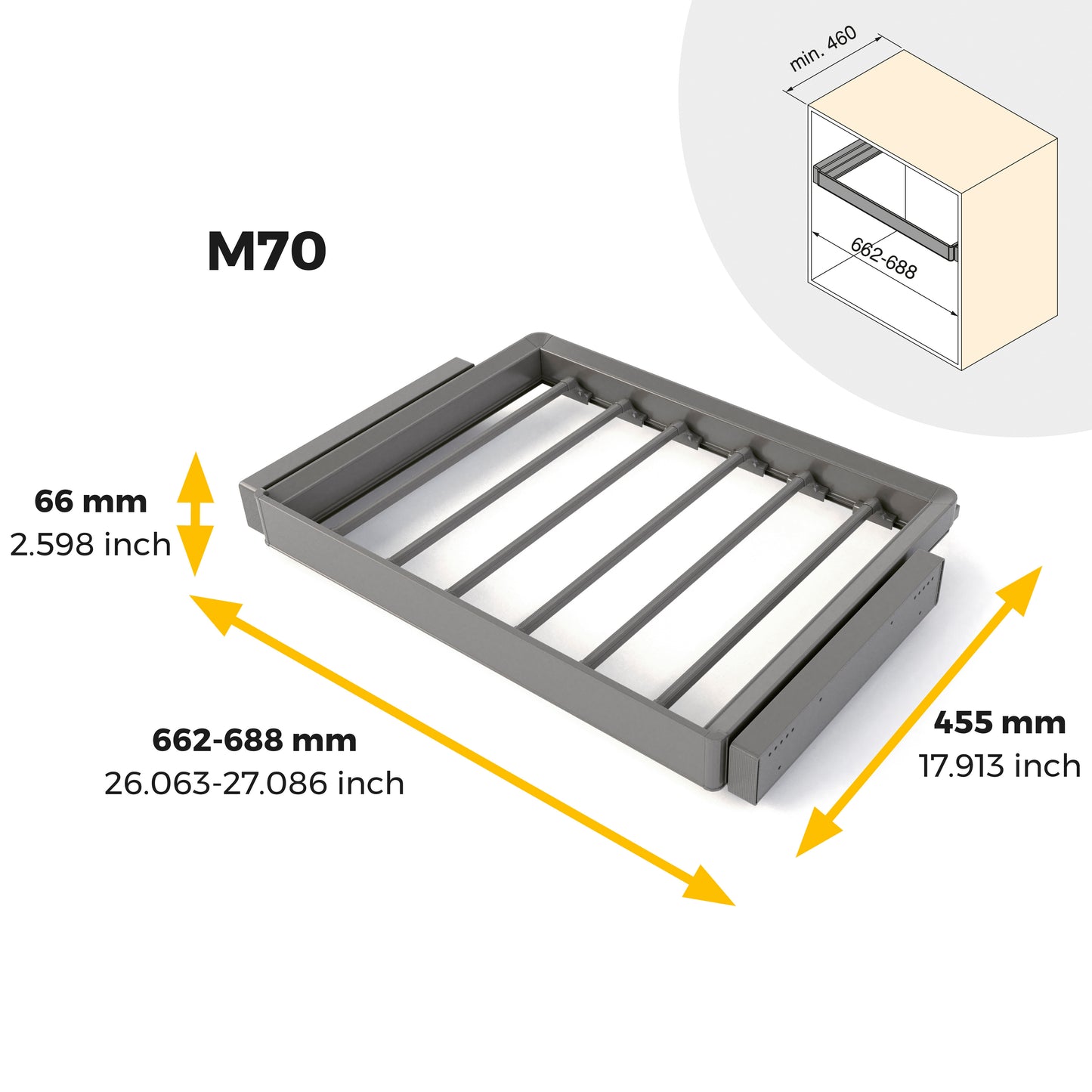 Emuca Kit  portapantaloni a 7 aste e telaio regolabile Quartz per armadi, chiusura ammortizzata e estrazione totale, modulo 70 cm, finitura Titanio