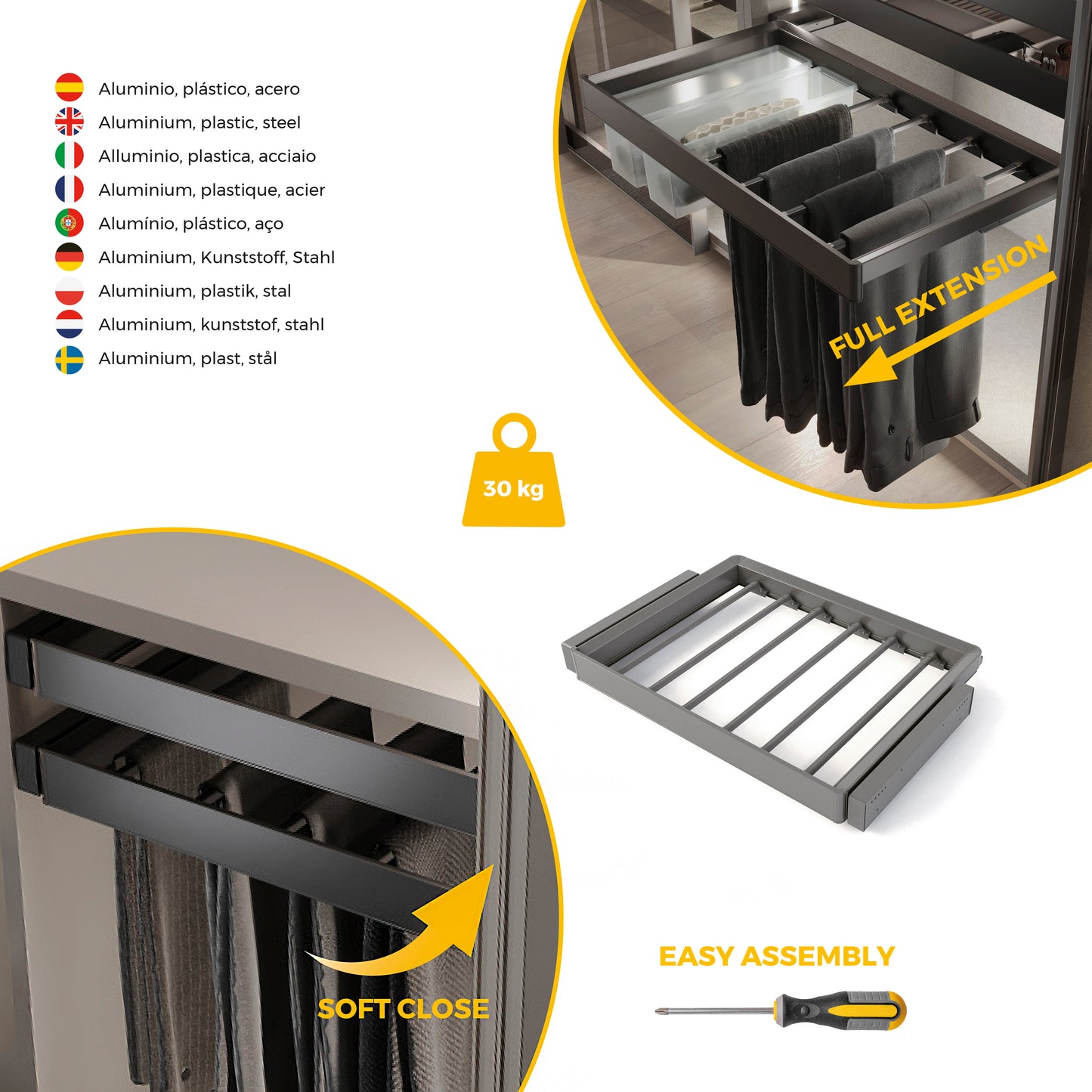 Emuca Kit  portapantaloni a 7 aste e telaio regolabile Quartz per armadi, chiusura ammortizzata e estrazione totale, modulo 70 cm, finitura Titanio