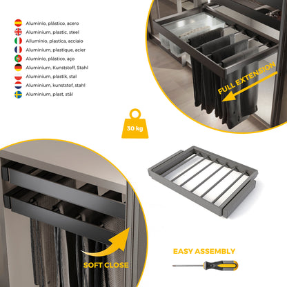 Emuca Kit  portapantaloni a 7 aste e telaio regolabile Quartz per armadi, chiusura ammortizzata e estrazione totale, modulo 70 cm, finitura Titanio