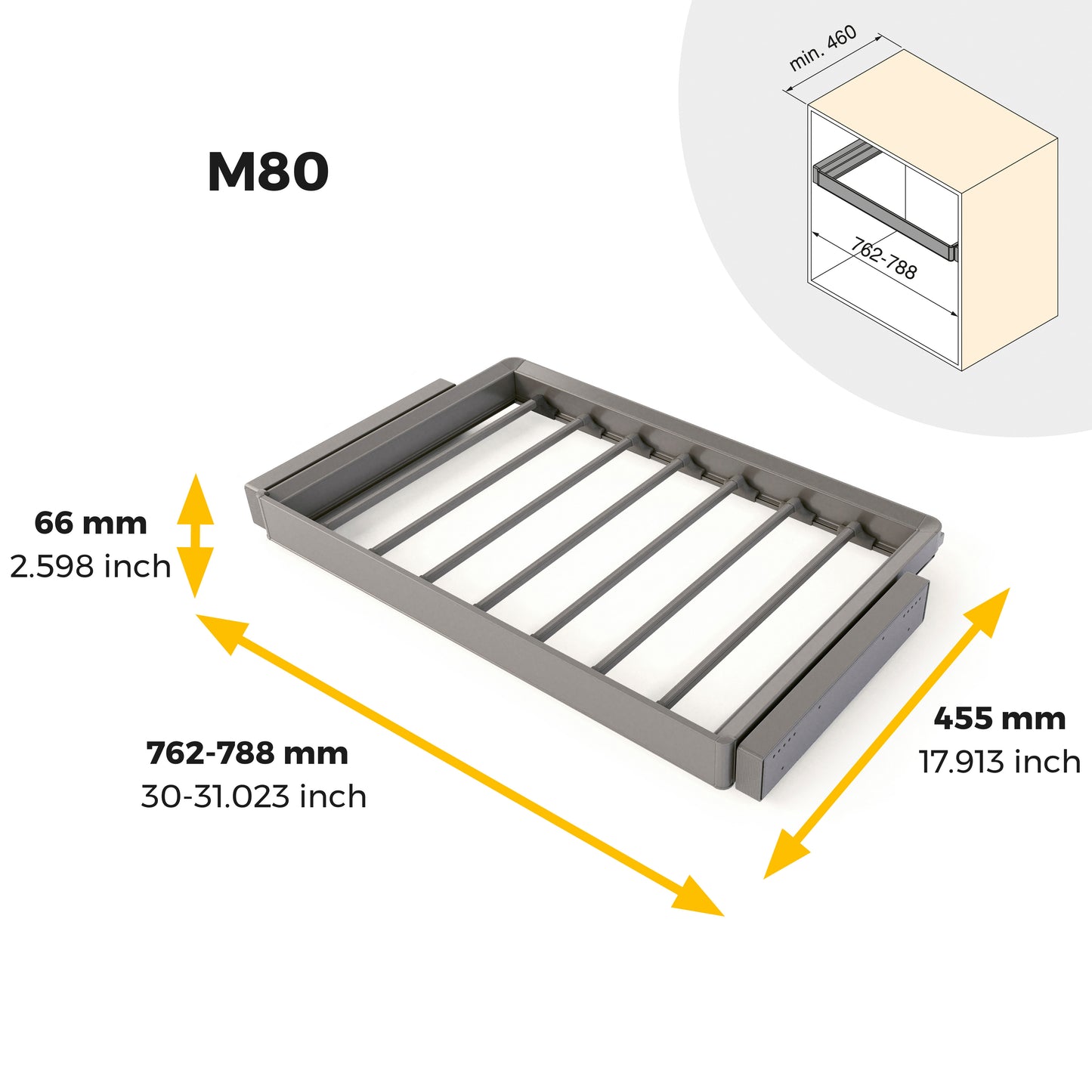 Emuca Kit  portapantaloni a 7 aste e telaio regolabile Quartz per armadi, chiusura ammortizzata e estrazione totale, modulo 80 cm, finitura Titanio