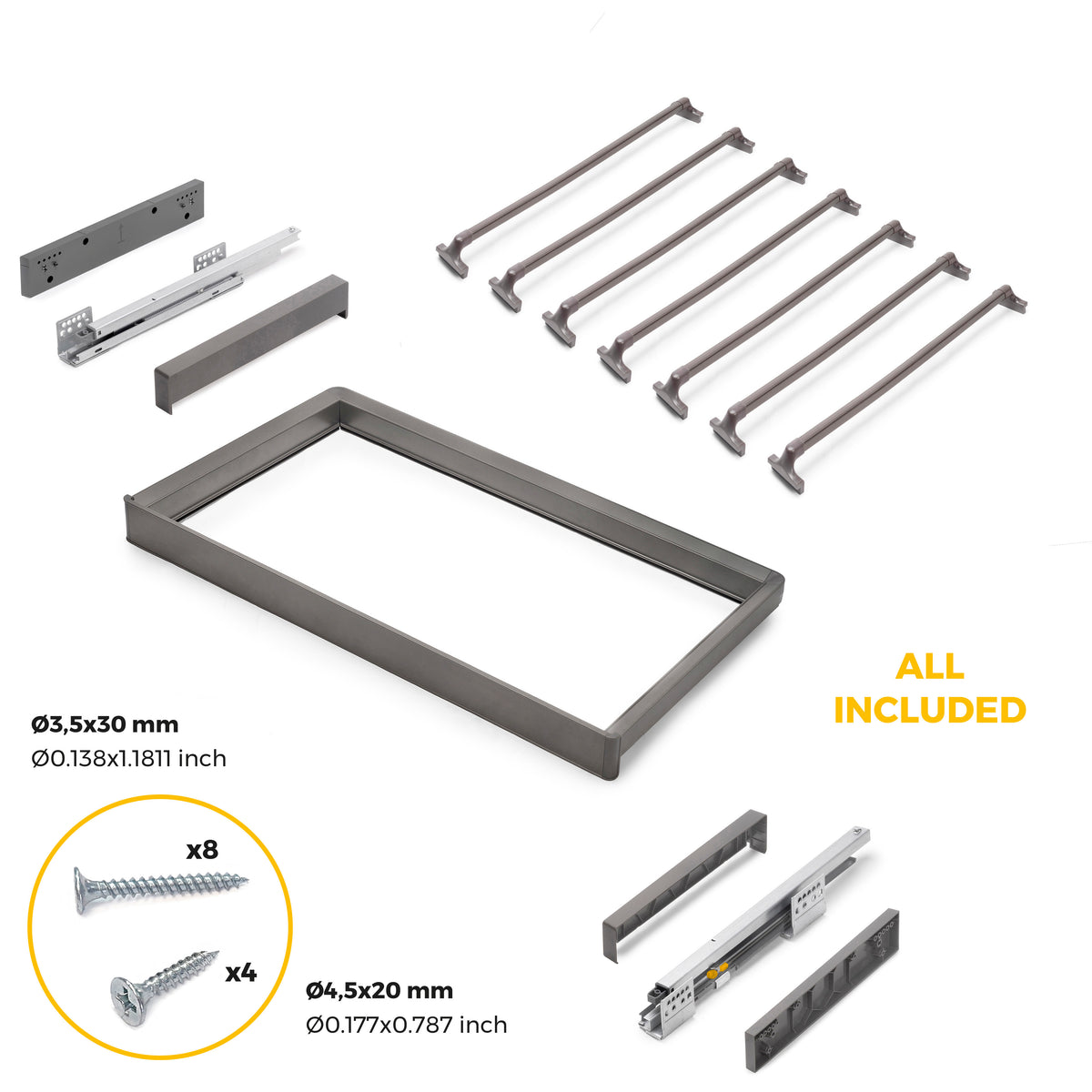 Kit  portapantaloni a 7 aste e telaio regolabile Quartz per armadi, chiusura ammortizzata e estrazione totale