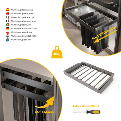Emuca Kit  portapantaloni a 7 aste e telaio regolabile Quartz per armadi, chiusura ammortizzata e estrazione totale, modulo 80 cm, finitura Titanio