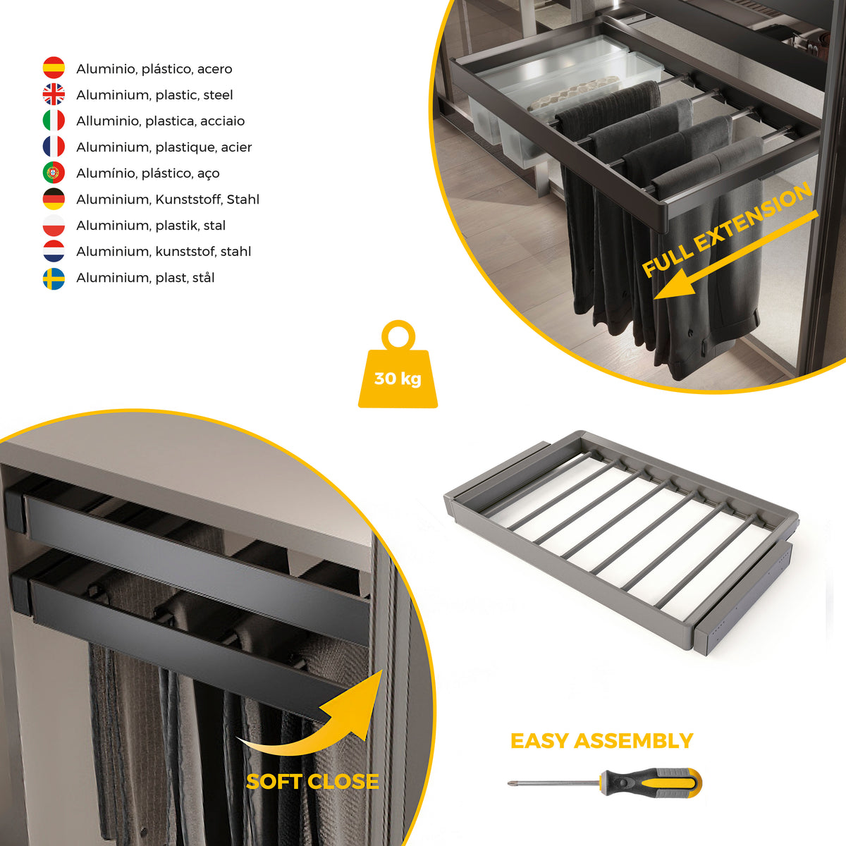 Kit  portapantaloni a 7 aste e telaio regolabile Quartz per armadi, chiusura ammortizzata e estrazione totale