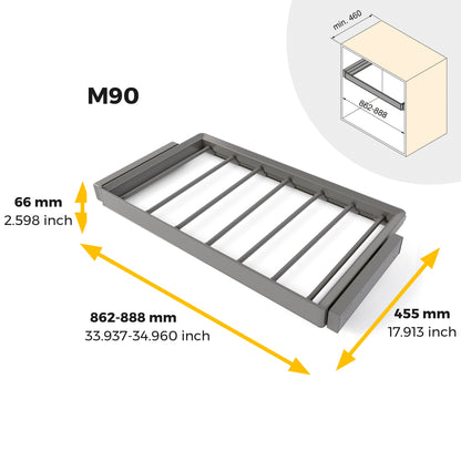 Emuca Kit  portapantaloni a 7 aste e telaio regolabile Quartz per armadi, chiusura ammortizzata e estrazione totale, modulo 90 cm, finitura Titanio