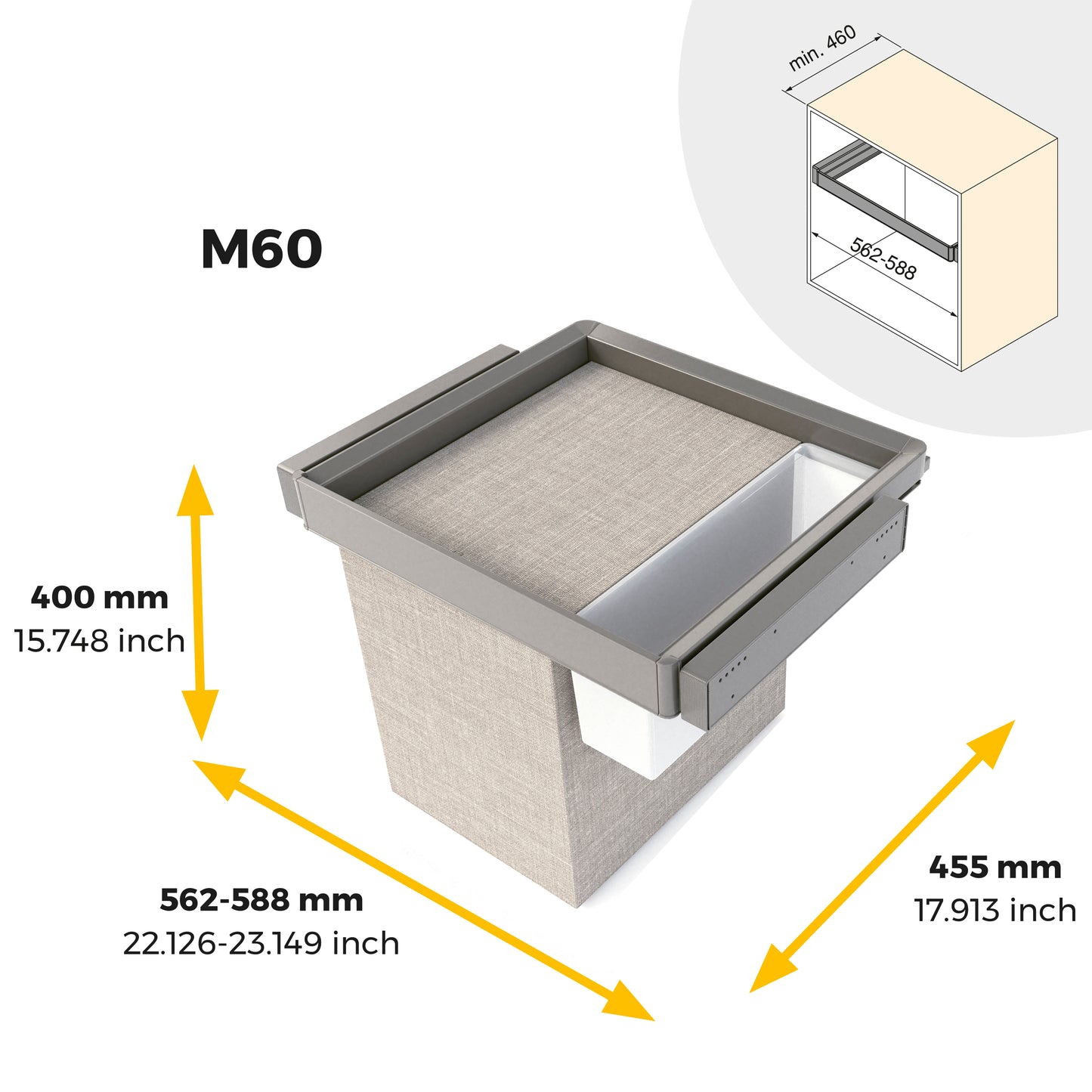 Emuca Kit  vassoio ausiliario, cesto portabiancheria e telaio regolabile Quartz per armadi, chiusura ammortizzata e estrazione totale, modulo 60 cm, finitura Titanio