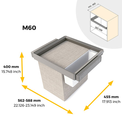 Emuca Kit  vassoio ausiliario, cesto portabiancheria e telaio regolabile Quartz per armadi, chiusura ammortizzata e estrazione totale, modulo 60 cm, finitura Titanio