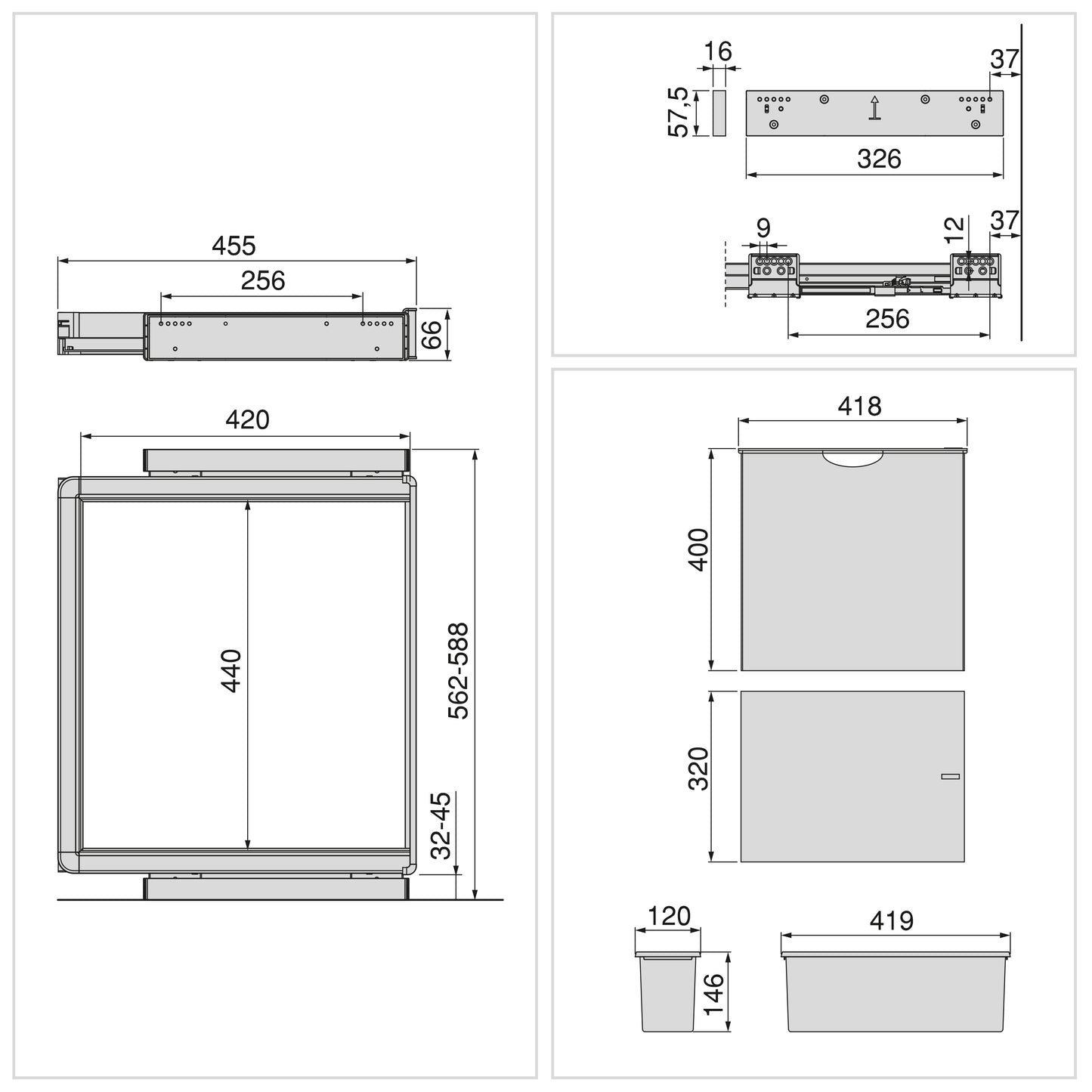 Emuca Kit  vassoio ausiliario, cesto portabiancheria e telaio regolabile Quartz per armadi, chiusura ammortizzata e estrazione totale, modulo 60 cm, finitura Titanio