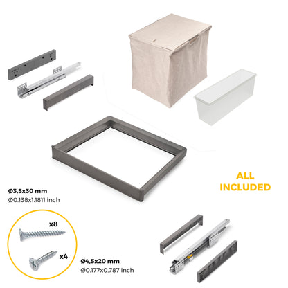 Emuca Kit  vassoio ausiliario, cesto portabiancheria e telaio regolabile Quartz per armadi, chiusura ammortizzata e estrazione totale, modulo 60 cm, finitura Titanio