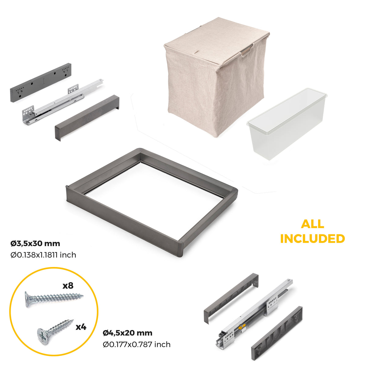 Kit di ripiano ausiliario, cestello e telaio regolabile Quartz per armadi, chiusura ammortizzata e estrazione totale