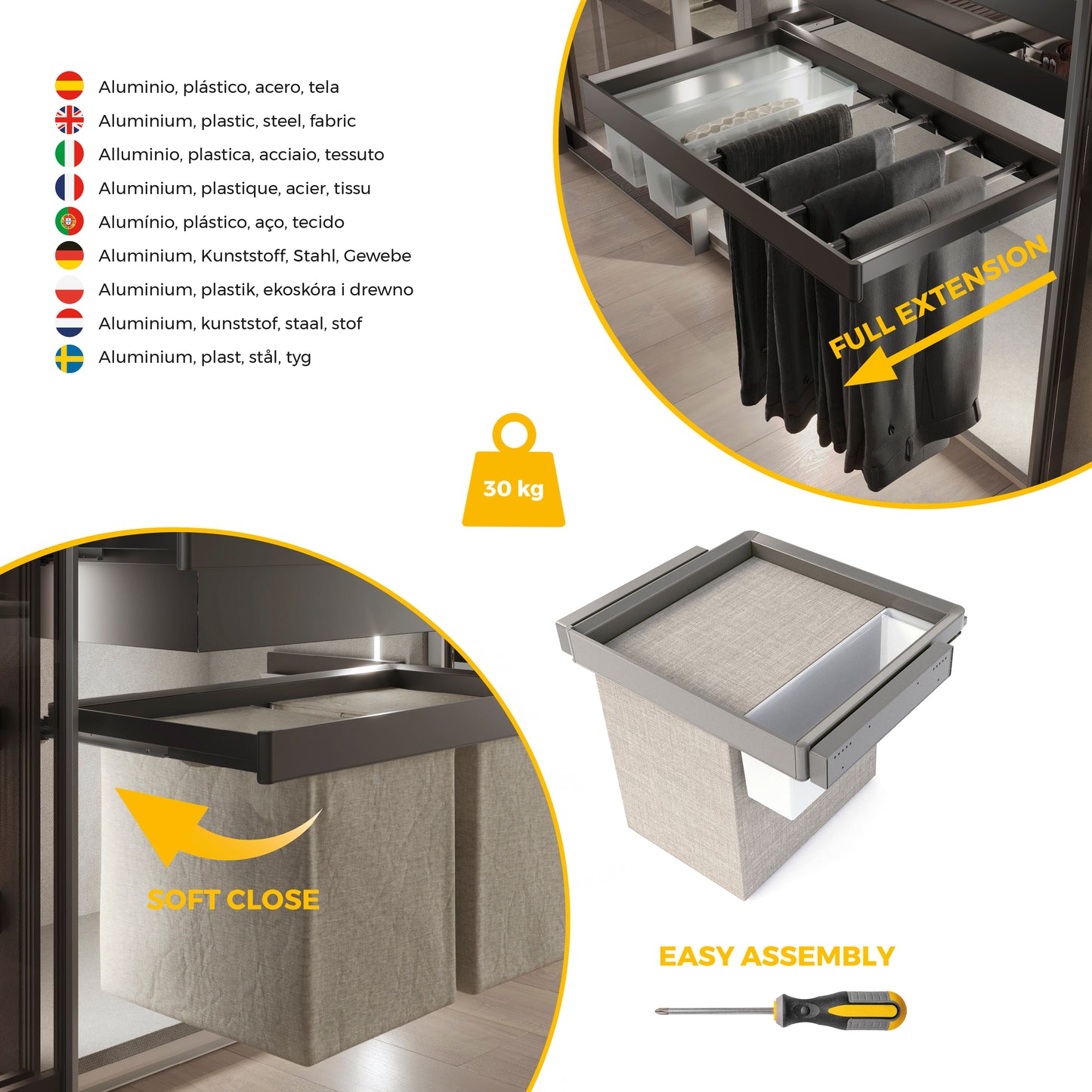 Emuca Kit  vassoio ausiliario, cesto portabiancheria e telaio regolabile Quartz per armadi, chiusura ammortizzata e estrazione totale, modulo 60 cm, finitura Titanio