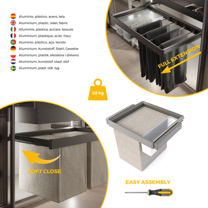 Emuca Kit  vassoio ausiliario, cesto portabiancheria e telaio regolabile Quartz per armadi, chiusura ammortizzata e estrazione totale, modulo 60 cm, finitura Titanio