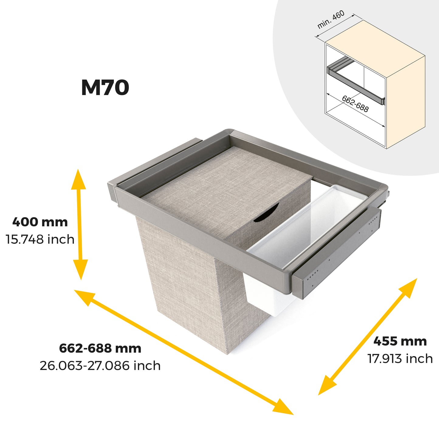 Emuca Kit  vassoio ausiliario, cesto portabiancheria e telaio regolabile Quartz per armadi, chiusura ammortizzata e estrazione totale, modulo 70 cm, finitura Titanio