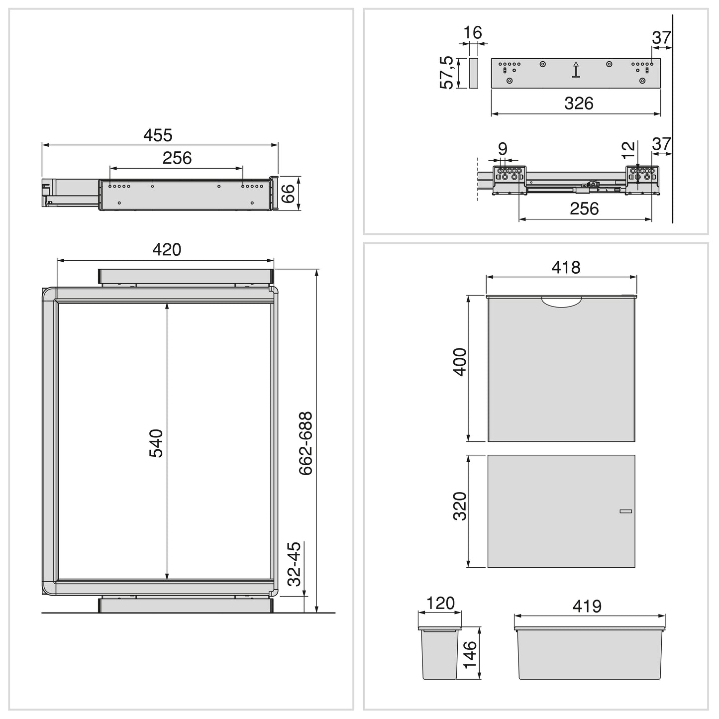 Emuca Kit  vassoio ausiliario, cesto portabiancheria e telaio regolabile Quartz per armadi, chiusura ammortizzata e estrazione totale, modulo 70 cm, finitura Titanio