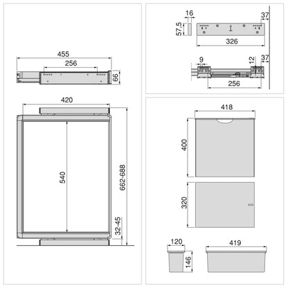 Emuca Kit  vassoio ausiliario, cesto portabiancheria e telaio regolabile Quartz per armadi, chiusura ammortizzata e estrazione totale, modulo 70 cm, finitura Titanio