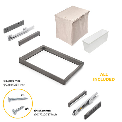 Emuca Kit  vassoio ausiliario, cesto portabiancheria e telaio regolabile Quartz per armadi, chiusura ammortizzata e estrazione totale, modulo 70 cm, finitura Titanio