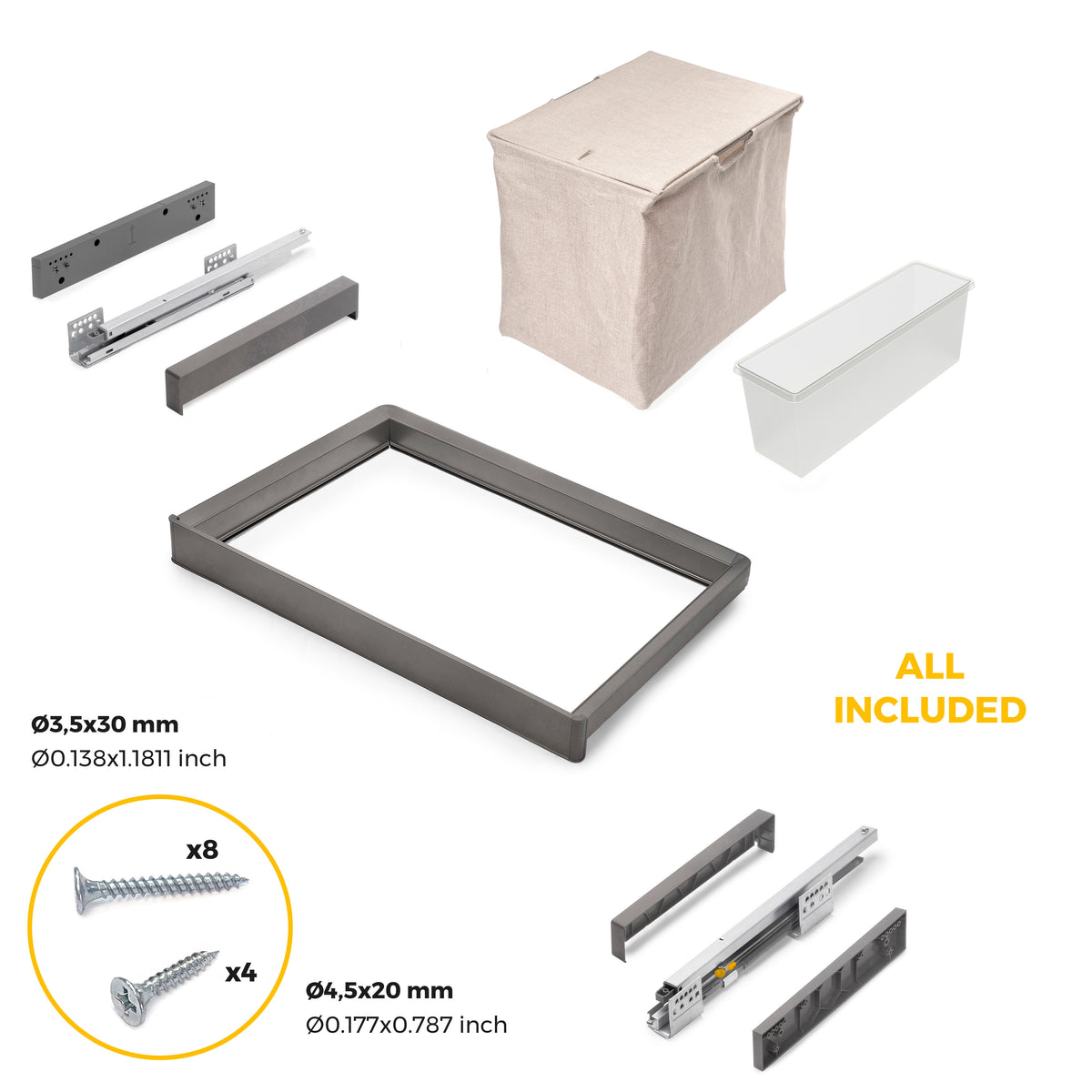 Kit di ripiano ausiliario, cestello e telaio regolabile Quartz per armadi, chiusura ammortizzata e estrazione totale
