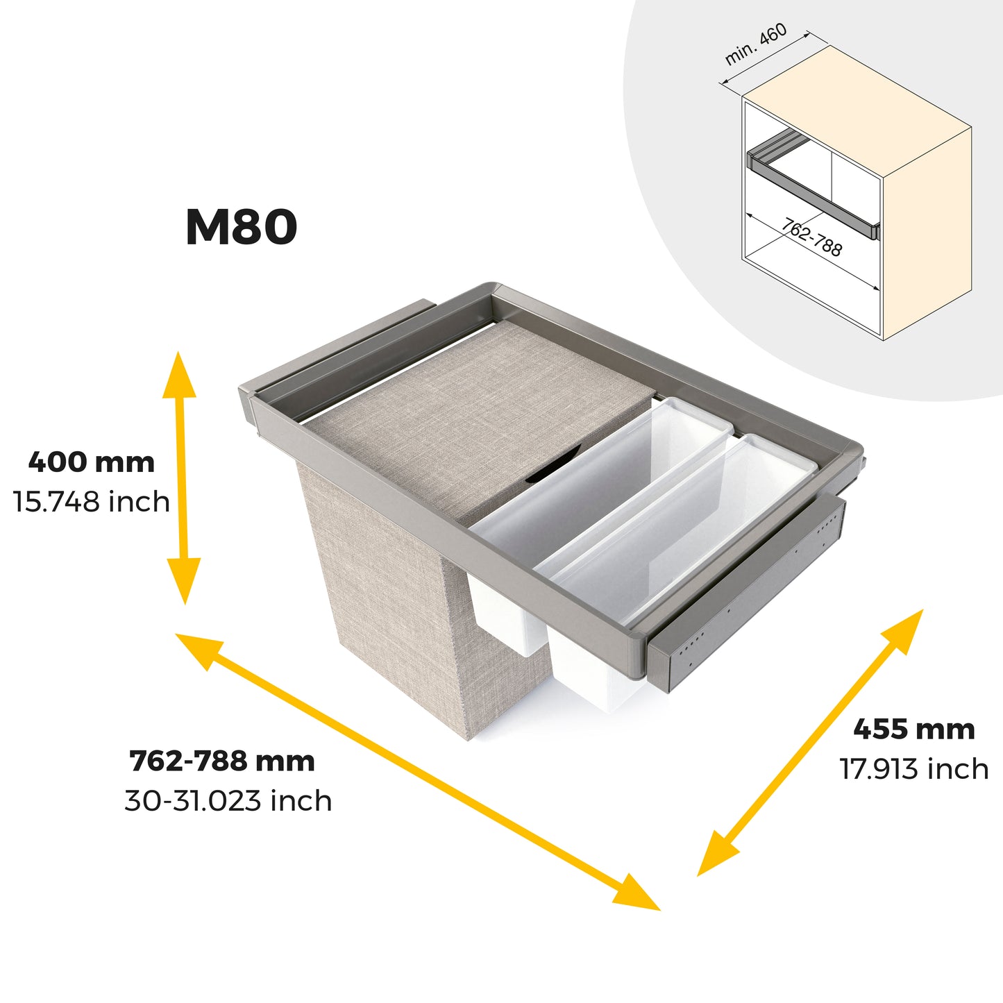 Emuca Kit  2 vassoio ausiliario, 1 cesto portabiancheria e telaio regolabile Quartz per armadi, chiusura ammortizzata e estrazione totale, modulo 80 cm, finitura Titanio