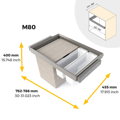 Emuca Kit  2 vassoio ausiliario, 1 cesto portabiancheria e telaio regolabile Quartz per armadi, chiusura ammortizzata e estrazione totale, modulo 80 cm, finitura Titanio