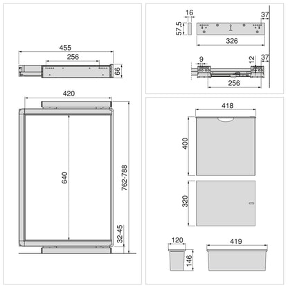 Emuca Kit  2 vassoio ausiliario, 1 cesto portabiancheria e telaio regolabile Quartz per armadi, chiusura ammortizzata e estrazione totale, modulo 80 cm, finitura Titanio