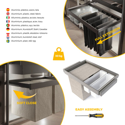 Emuca Kit  2 vassoio ausiliario, 1 cesto portabiancheria e telaio regolabile Quartz per armadi, chiusura ammortizzata e estrazione totale, modulo 80 cm, finitura Titanio