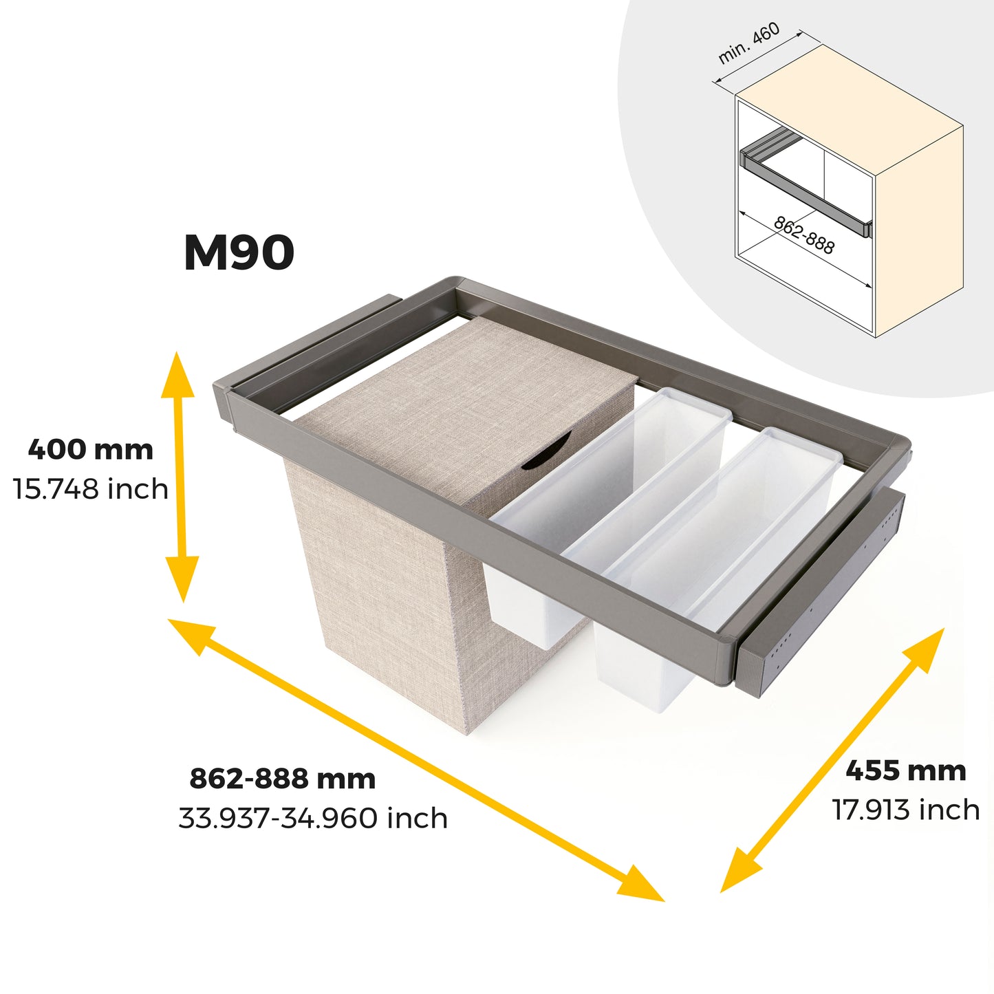 Emuca Kit  2 vassoio ausiliario, 1 cesto portabiancheria e telaio regolabile Quartz per armadi, chiusura ammortizzata e estrazione totale, modulo 90 cm, finitura Titanio