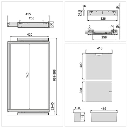 Emuca Kit  2 vassoio ausiliario, 1 cesto portabiancheria e telaio regolabile Quartz per armadi, chiusura ammortizzata e estrazione totale, modulo 90 cm, finitura Titanio