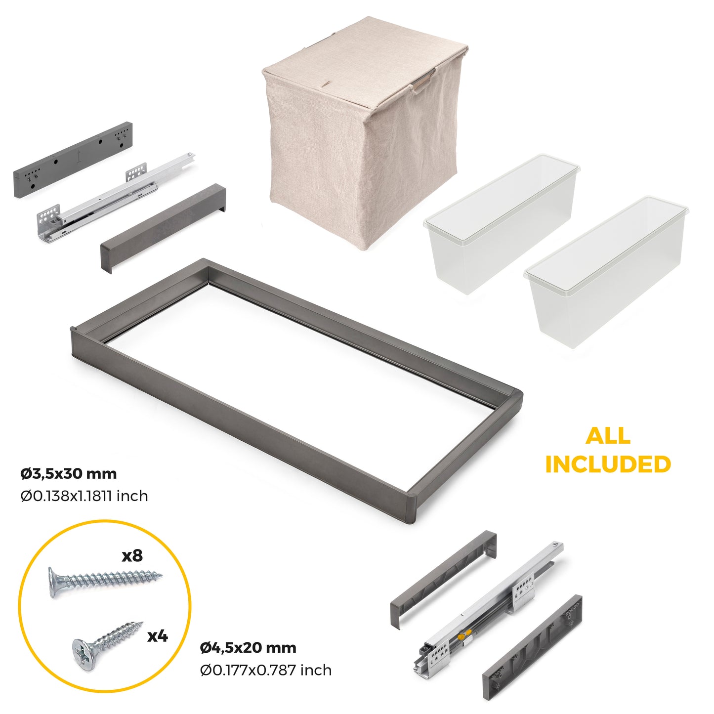 Emuca Kit  2 vassoio ausiliario, 1 cesto portabiancheria e telaio regolabile Quartz per armadi, chiusura ammortizzata e estrazione totale, modulo 90 cm, finitura Titanio