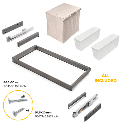 Emuca Kit  2 vassoio ausiliario, 1 cesto portabiancheria e telaio regolabile Quartz per armadi, chiusura ammortizzata e estrazione totale, modulo 90 cm, finitura Titanio