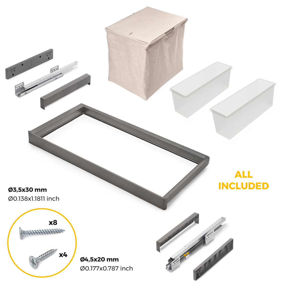Kit di ripiano ausiliario, cestello e telaio regolabile Quartz per armadi, chiusura ammortizzata e estrazione totale