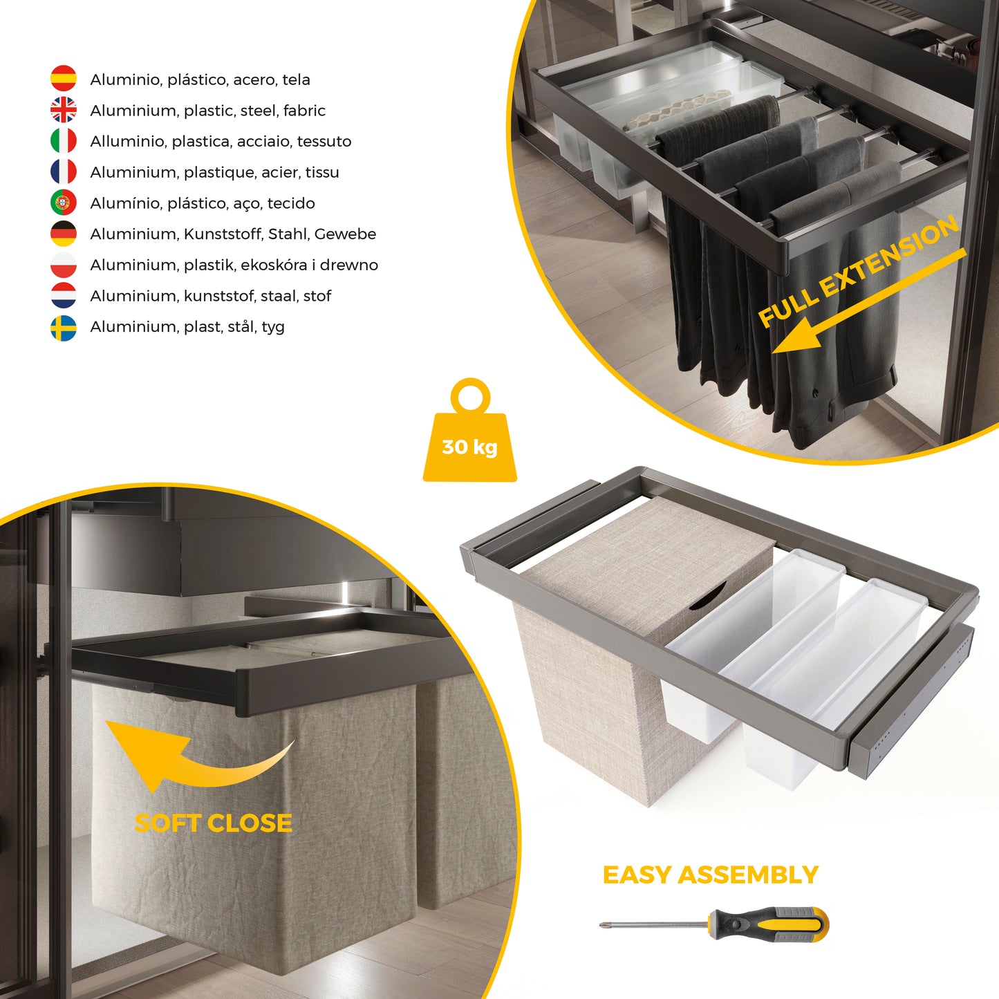 Emuca Kit  2 vassoio ausiliario, 1 cesto portabiancheria e telaio regolabile Quartz per armadi, chiusura ammortizzata e estrazione totale, modulo 90 cm, finitura Titanio