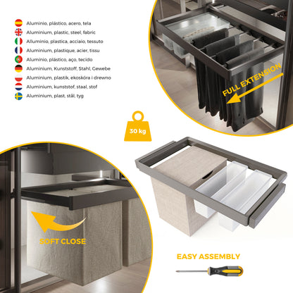 Emuca Kit  2 vassoio ausiliario, 1 cesto portabiancheria e telaio regolabile Quartz per armadi, chiusura ammortizzata e estrazione totale, modulo 90 cm, finitura Titanio