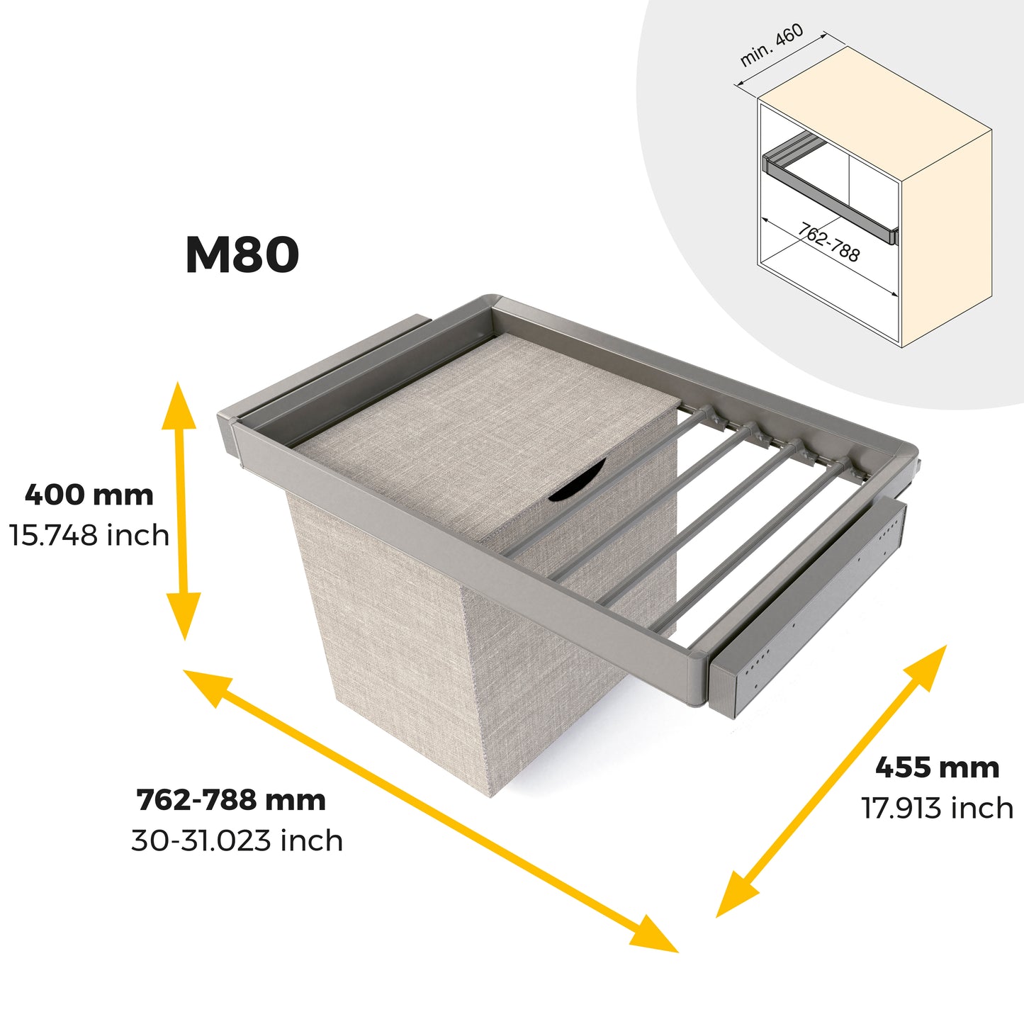 Emuca Kit  portapantaloni a 7 aste, cesto portabiancheria e telaio regolabile Quartz per armadi, chiusura ammortizzata e estrazione totale, modulo 80 cm, finitura Titanio