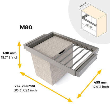 Emuca Kit  portapantaloni a 7 aste, cesto portabiancheria e telaio regolabile Quartz per armadi, chiusura ammortizzata e estrazione totale, modulo 80 cm, finitura Titanio