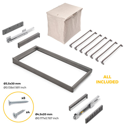 Emuca Kit  portapantaloni a 7 aste, cesto portabiancheria e telaio regolabile Quartz per armadi, chiusura ammortizzata e estrazione totale, modulo 80 cm, finitura Titanio