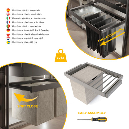 Emuca Kit  portapantaloni a 7 aste, cesto portabiancheria e telaio regolabile Quartz per armadi, chiusura ammortizzata e estrazione totale, modulo 80 cm, finitura Titanio